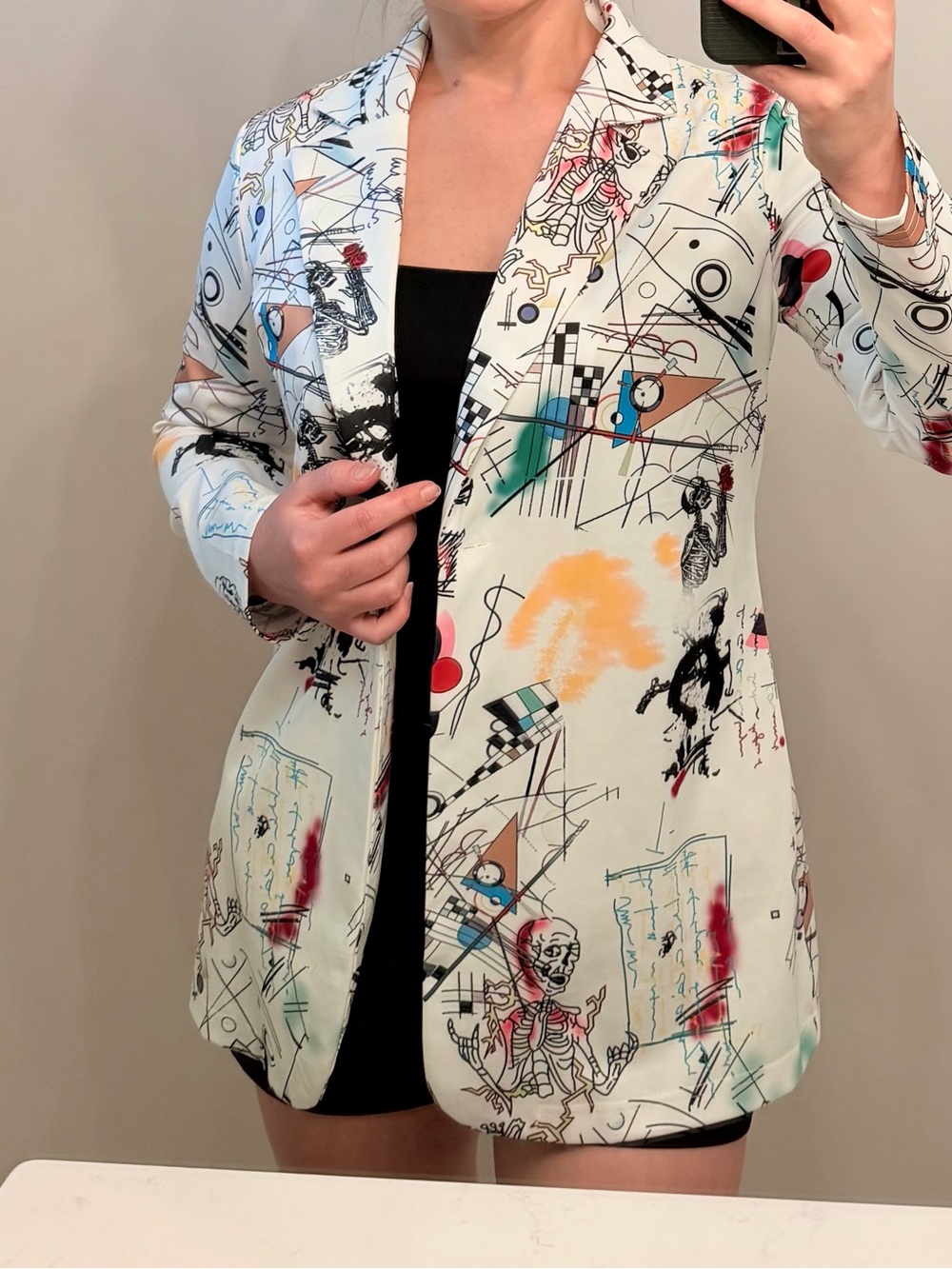 Abstract Print White Blazer Jacket - Multifunctional Casual Layer